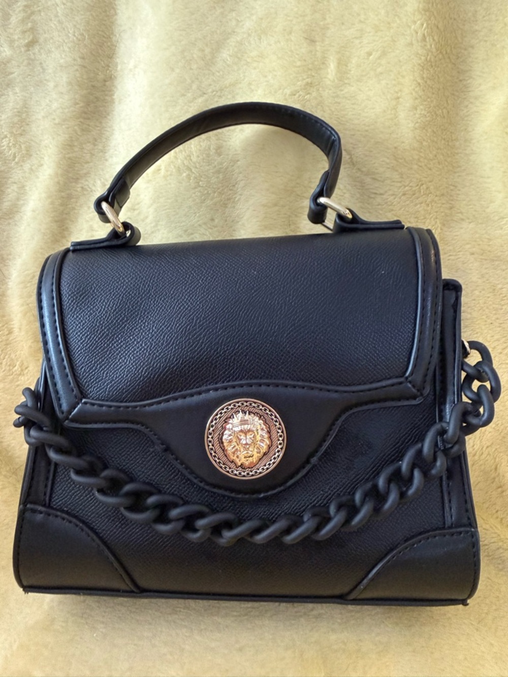 Aldo Black Satchel with Gold Medallion and Braided Chain